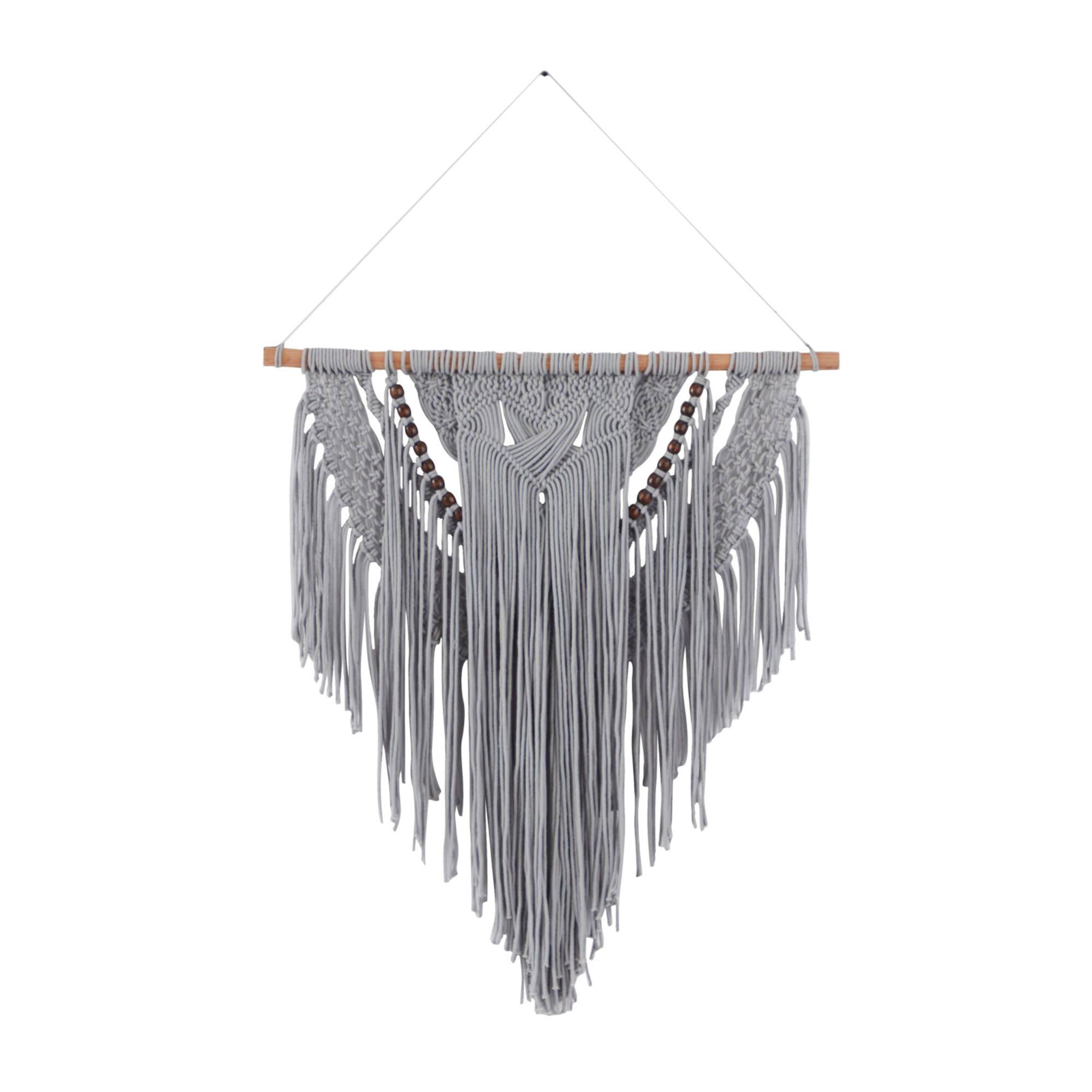 Gray Cotton Handmade Intricately Weaved Macrame Wall Decor with Beaded Fringe Tassels 27" x 1" x 42"